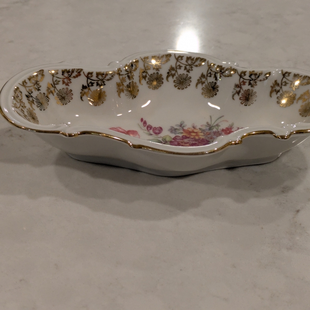 Vintage  Floral Gold-Trimmed Dish